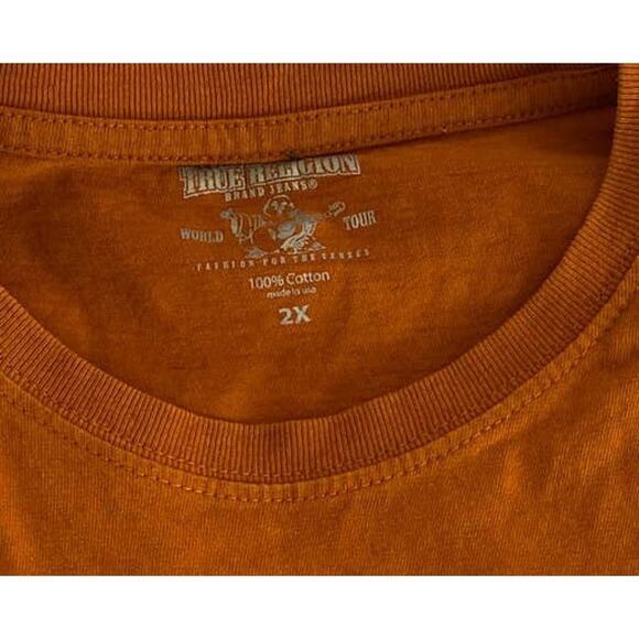 True Religion World Tour Mens t-shirt 2X XXL ss orange embroidered 100% cotton - Picture 6 of 7